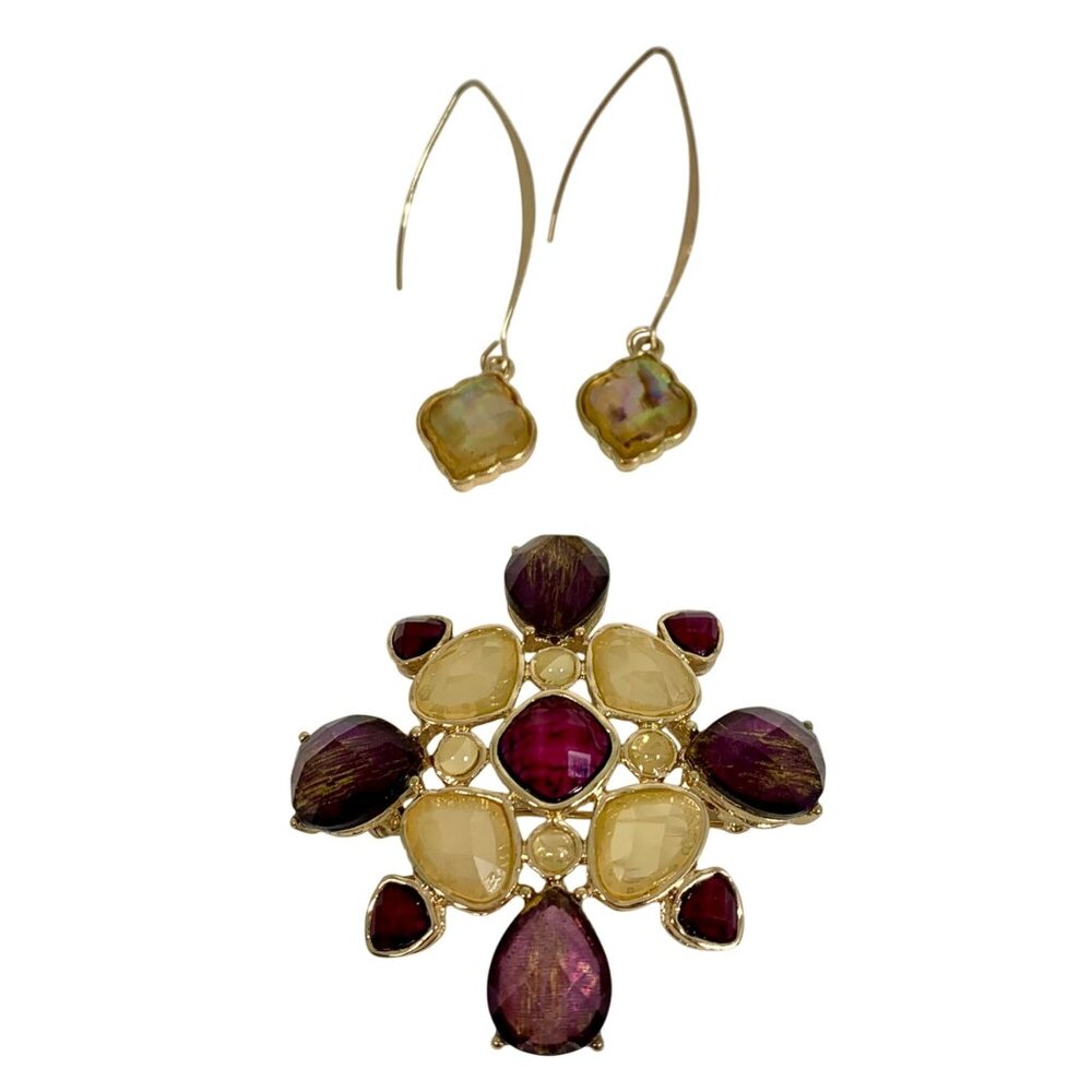 Vintage-Inspired Gold & Gemstone Costume Jewelry Pin Brooch w/ Matching Earrings